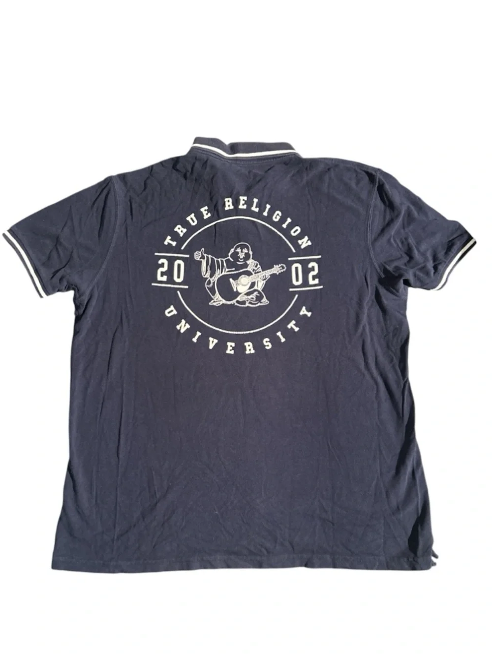 True Religion Men’s Navy Polo with White Trim Back Graphics Size 2XL